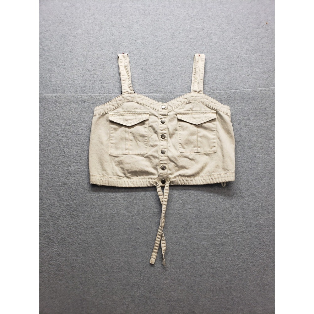 We The Free Women Crop Top XS Khaki Denim 100% Cotton Button Front Summer Casual
